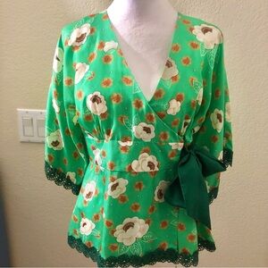 Fei Silk Floral Wrap Blouse in Green